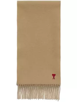 AMI Paris шерстяной шарф с бахромой и монограммой Ami de Coeur, нейтральный цвет
