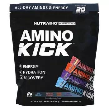 Amino Kick, разнообразный набор, 20 палочек, по 0,32 унции (9 г) каждая Nutrabio