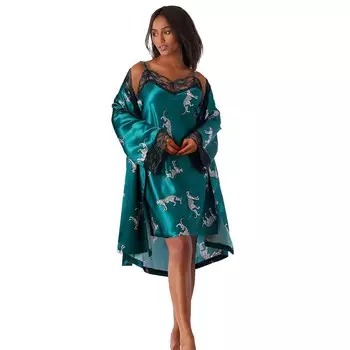 Amoureuse - женский комплект из роскошного атласного короткого пеньюара, цвет Deep Emerald Leopard