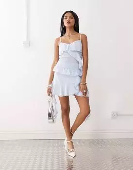 Amy Lynn асимметричная мини-юбка с оборками и запахом в нежно-голубом цвете