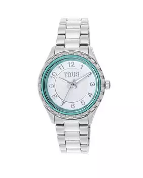 Аналоговые женские часы Mini T-Bear со стальным браслетом и внутренним безелем из зеленого алюминия Tous, серебро