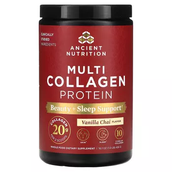 Ancient Nutrition, Multi Collagen Protein, протеин с коллагеном, для красоты и сна, ванильный чай, 456 г (1 фунт)