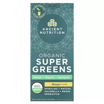 Ancient Nutrition, Organic Super Greens, манго, 16 пакетиков в виде стиков по 7,7 г (0,3 унции)