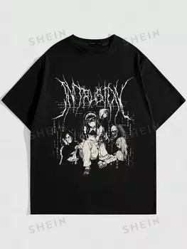 Аниме-футболка с короткими рукавами, круглым вырезом, с принтом героев мультфильмов и персонажей. для мужчин, школа Romwe, черный