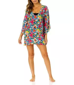 Anne Cole Amalfi Купальная туника с цветочным принтом и жатыми рукавами и оборками, мультиколор