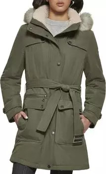 Анорак DKNY Faux Fur Hood Belted Anorak, цвет Olive