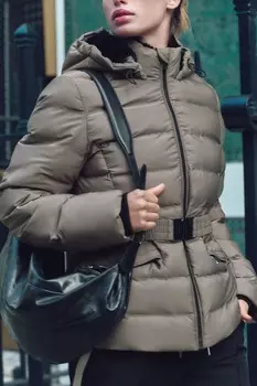 Анорак с капюшоном и поясом для защиты от воды и ветра ZARA, норка