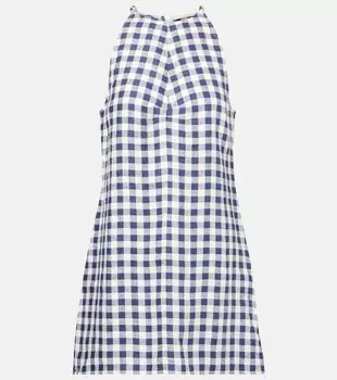 Антикварное мини-платье из льна в клетку Asceno, Navy Ecru Check