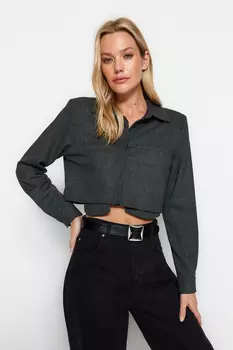 Антрацитовая укороченная тканая рубашка с асимметричными карманами и карманами Trendyol, черный