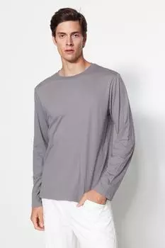 Антрацитово-серо-белая мужская футболка стандартного/нормального кроя с круглым вырезом и длинными рукавами, базовая комплектация из трех предметов Trendyol, разноцветный