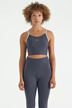 Антрацитовое женское бюстье в рубчик узкого кроя с перекрестной спинкой и логотипом TOMMYLIFE