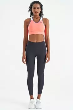 Антрацитовые облегающие женские леггинсы с полосками спереди и сзади со скрытыми карманами и высокой талией TOMMYLIFE