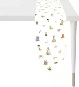 APELT дорожка для стола "6812 HAPPY PASTER, Пасхальное украшение, Пасха", (1 шт.), цифровая печать, модный дизайн с игривыми кроликами в саду 25х175 см, белый