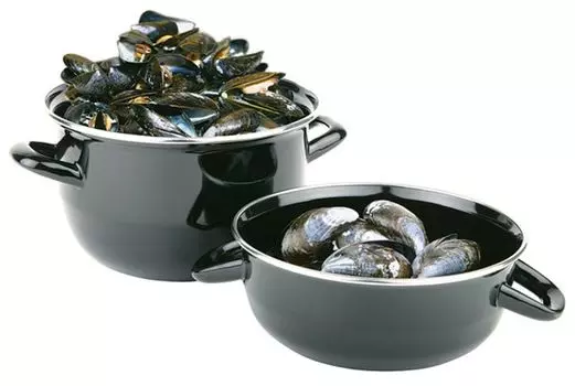 APS кастрюля для мидий, сервировочная кастрюля для мидий на 0,5 кг, кастрюля для морепродуктов, сервировочная кастрюля для мидий, кастрюля для мидий из черной эмалированной стали, объем: 0,75 л, 13,5 х 18,5 см, высота 13 см