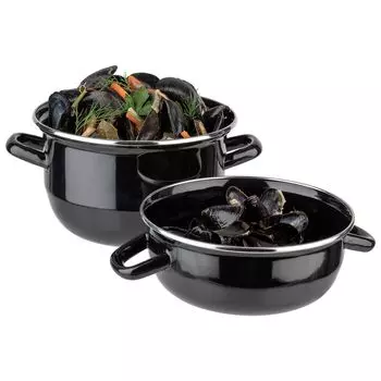 APS кастрюля для мидий, сервировочная кастрюля для мидий на 1 кг, кастрюля для морепродуктов, сервировочная кастрюля для мидий, кастрюля для мидий из черной эмалированной стали, объем: 2,6 л, 20 х 25 см, высота 17 см