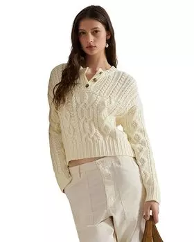 Аранский вязаный хлопковый свитер с планкой Ralph Lauren, белый
