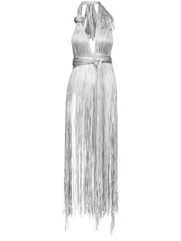 AREA платье мини с вырезом халтер и бахромой, серебристый