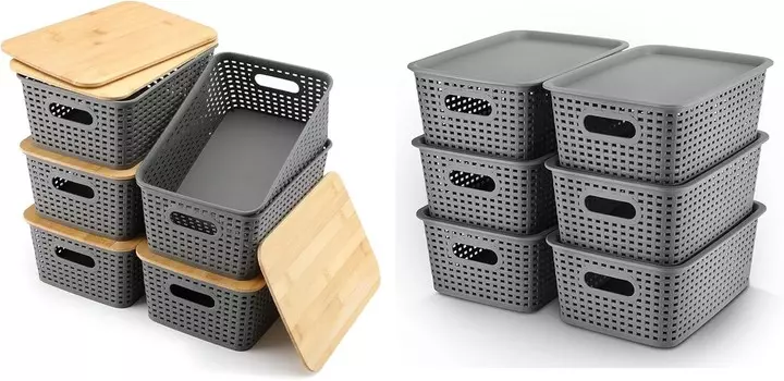 AREYZIN Набор из 12 пластиковых корзин для хранения, включая 6 пластиковых корзин для хранения Контейнер-органайзер с бамбуковыми крышками 6 пластиковых корзин для хранения с крышками