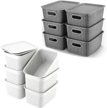 AREYZIN набор из 12 пластиковых корзин для хранения, в том числе 6 пластиковых контейнеров для хранения с крышкой, набор из 6 прочных небольших контейнеров-органайзеров для кладовой