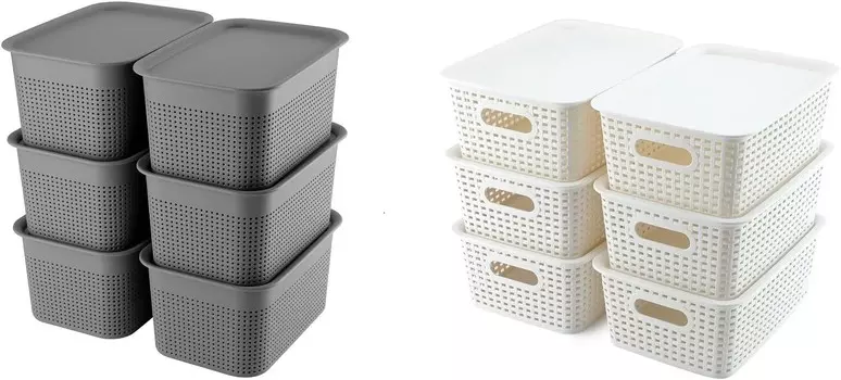 AREYZIN Пластиковые корзины для хранения с крышками Складной органайзер-контейнер с крышкой Вязаный органайзер для хранения Ящики для полок Ящики Настольный шкаф Игровая комната Классная комната Офис, серый и белый, White,Grey