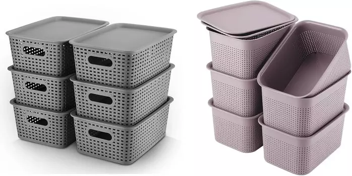 AREYZIN Пластиковые корзины для хранения с крышкой Контейнер-органайзер с крышкой Вязаный органайзер для хранения Ящики для полок Ящики Настольный шкаф Игровая комната Классная комната Офис, серый и фиолетовый, Grey