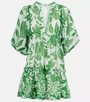 Ариа цветочное хлопковое мини-платье Poupette St Barth, White Green Macro