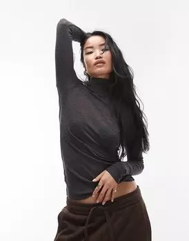 ARKET полупрозрачный облегающий топ из мериносовой шерсти с длинными рукавами и высоким воротом серого цвета