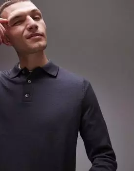 ARKET – Трикотажная рубашка-поло с длинными рукавами из мериносовой шерсти в цвете «бензиново-голубой»