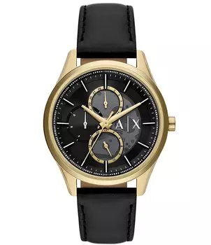 Armani Exchange Мужские многофункциональные часы Dante золотого тона с черным кожаным ремешком, черный