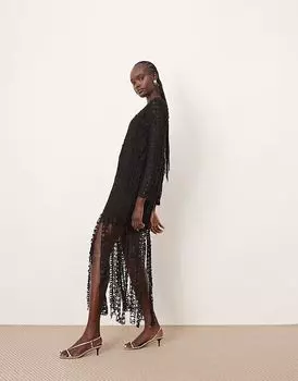 ARRANGE - Платье-миди с длинными рукавами черного цвета с кружевной вышивкой и бахромой по подолу