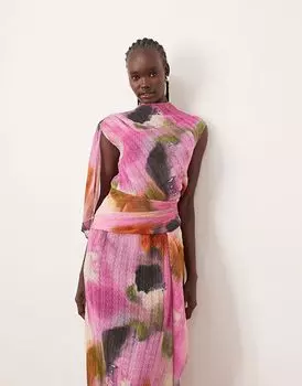 ARRANGE плиссированное платье миди с высоким воротом и драпировкой, прозрачное, с акварельным принтом