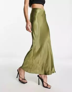 Асимметричная атласная юбка миди цвета хаки River Island