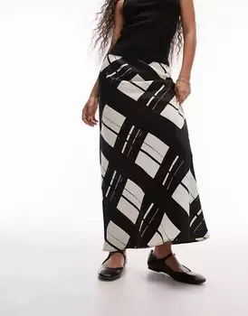 Асимметричная атласная юбка в черно-белую клетку Topshop