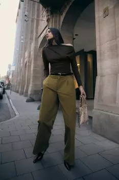 Асимметричная драпированная футболка ZARA, темно-коричневый