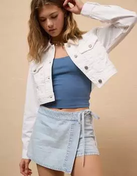 Асимметричная джинсовая юбка-шорты с завышенной талией и запахом American Eagle Outfitters, цвет light wash