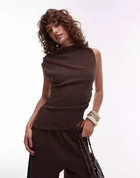 Асимметричная майка Topshop с фактурной отделкой и сборками шоколадно-коричневого цвета