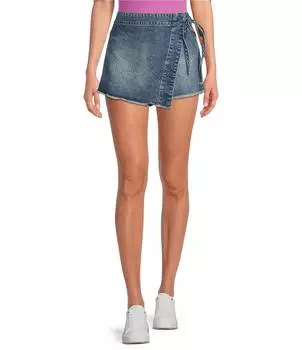 Асимметричная мини-юбка Free People Emmy Denim с завышенной талией и необработанным подолом с завязками по бокам, синий