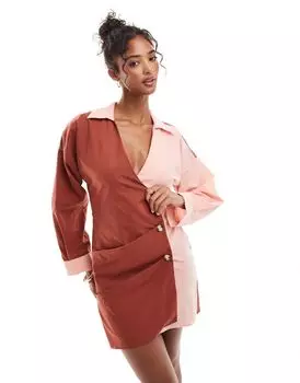 Асимметричная рубашка с запахом и пуговицами спереди ASOS DESIGN розового и ржавого цвета