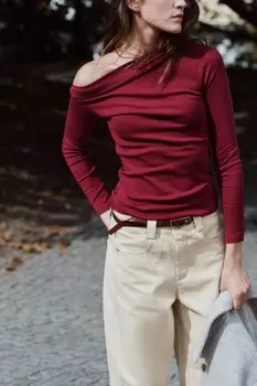 Асимметричная рубчатая футболка ZARA, темно-красный