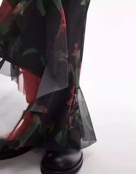 Асимметричная юбка миди из сетки с оборками Topshop с розовым цветочным принтом