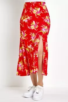 Асимметричная юбка-миди с рюшами и цветочным узором Dusk, красный