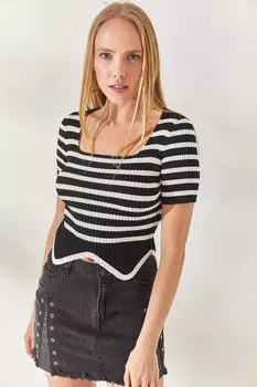 Асимметричная укороченная трикотажная блузка в черную полоску Olalook, черный