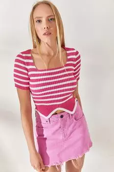 Асимметричная укороченная трикотажная блузка в полоску фуксии Olalook, розовый