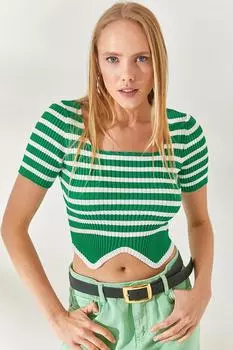 Асимметричная укороченная трикотажная блузка в полоску травяного цвета Olalook, зеленый