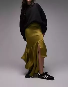 Асимметричная укороченная юбка макси Topshop оливково-зеленого цвета