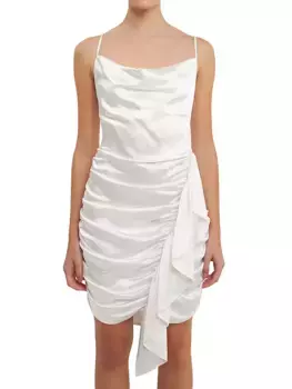 Асимметричное атласное мини-платье с драпировкой и водопадом Endless Rose, белый