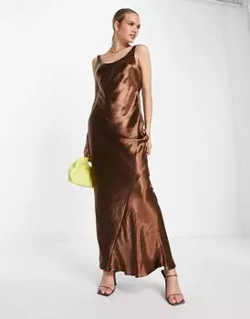 Асимметричное атласное платье макси с овальной спинкой ASOS шоколадно-коричневого цвета