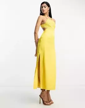 Асимметричное атласное платье миди ASOS горчичного цвета с вышитым лифом и открытой спиной
