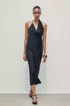 Асимметричное атласное платье миди ZARA, черный