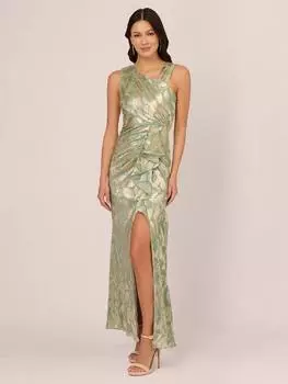 Асимметричное макси-платье из фольги Adrianna Papell, цвет Sage/Gold